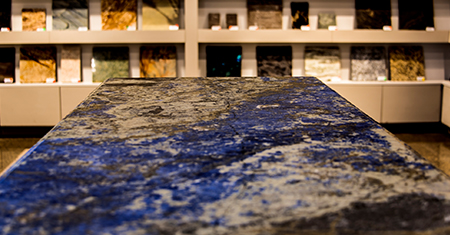 Blue and grey quartz countertop in showroom